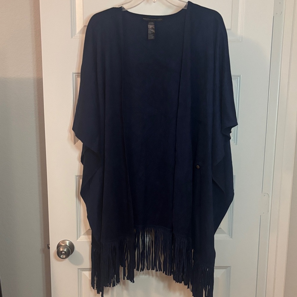 White House Black Market Navy faux suede fringed ruana wrap Poncho SZ O/S Boho